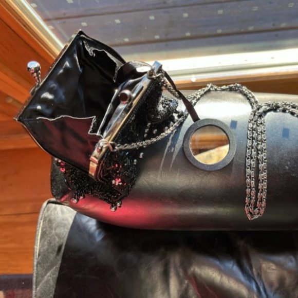 Mini-Purse: Black and Silver Beads, Black Sequins, & Gunmetal Gray Chain Strap - Picture 4 of 15